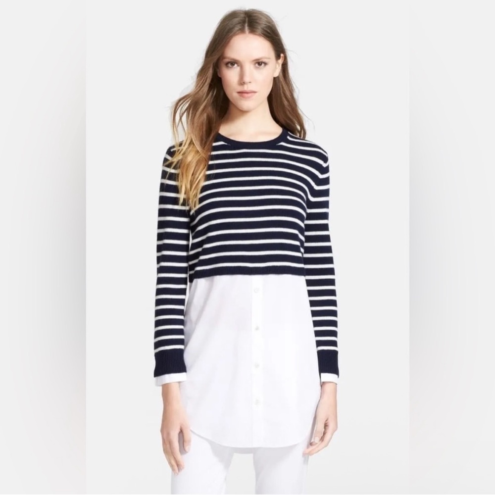 Theory Rymalia Striped Cropped Sweater Layered Shirt Combo Navy White Size XS
